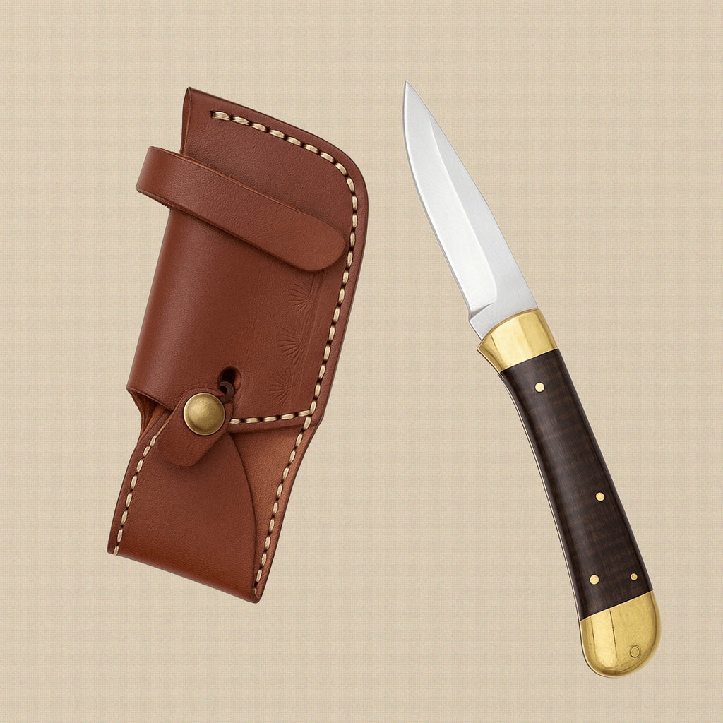 Folding Utility Knife, 231mm, with D2 Steel Blade, Micarta Handle and Leather Sheath | Folding Knife | Toolsmith Ltd UK