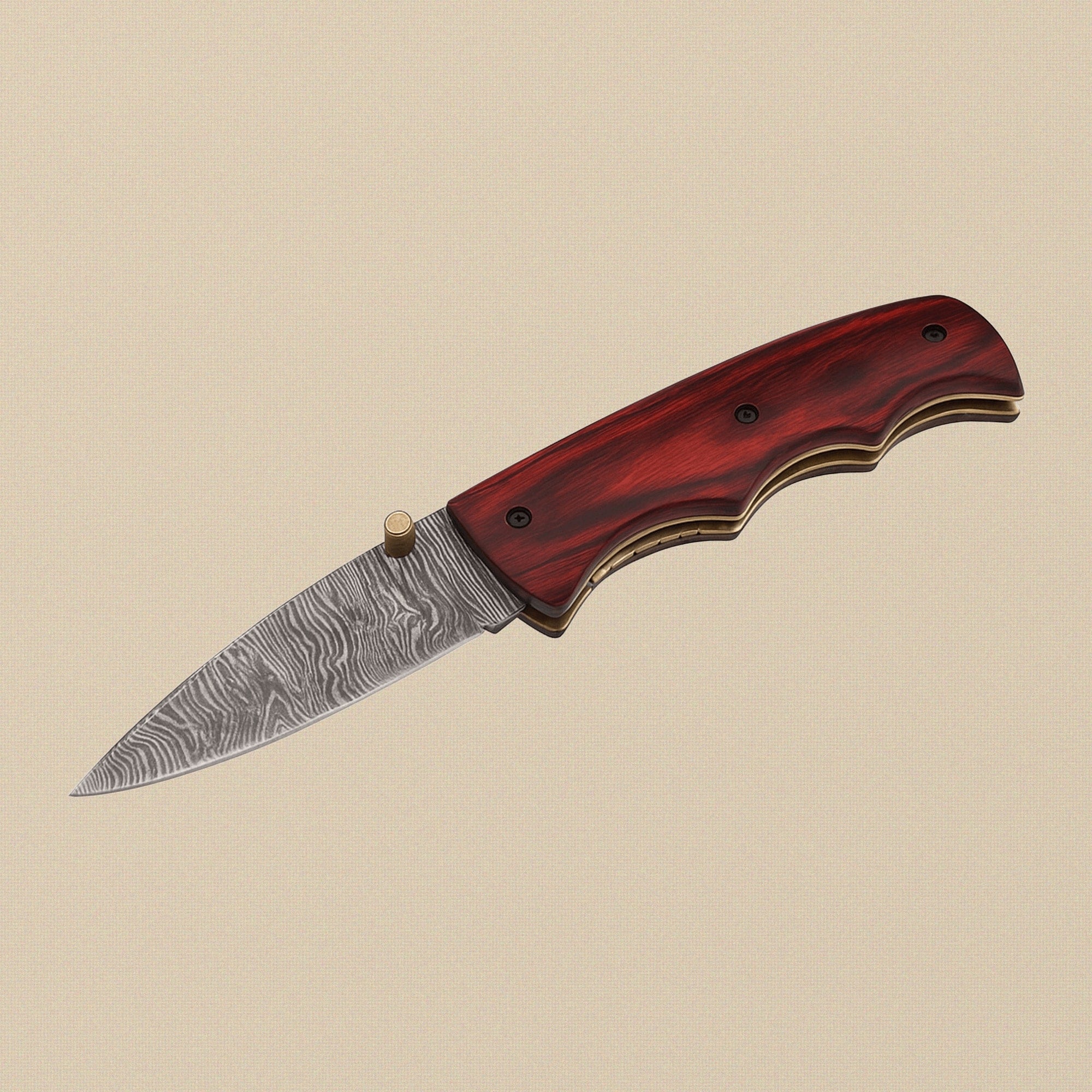 Folding Knife with 76mm Damascus Steel Blade, Red Pakkawood Handle and Leather Sheath | Folding Knife | Toolsmith Ltd UK