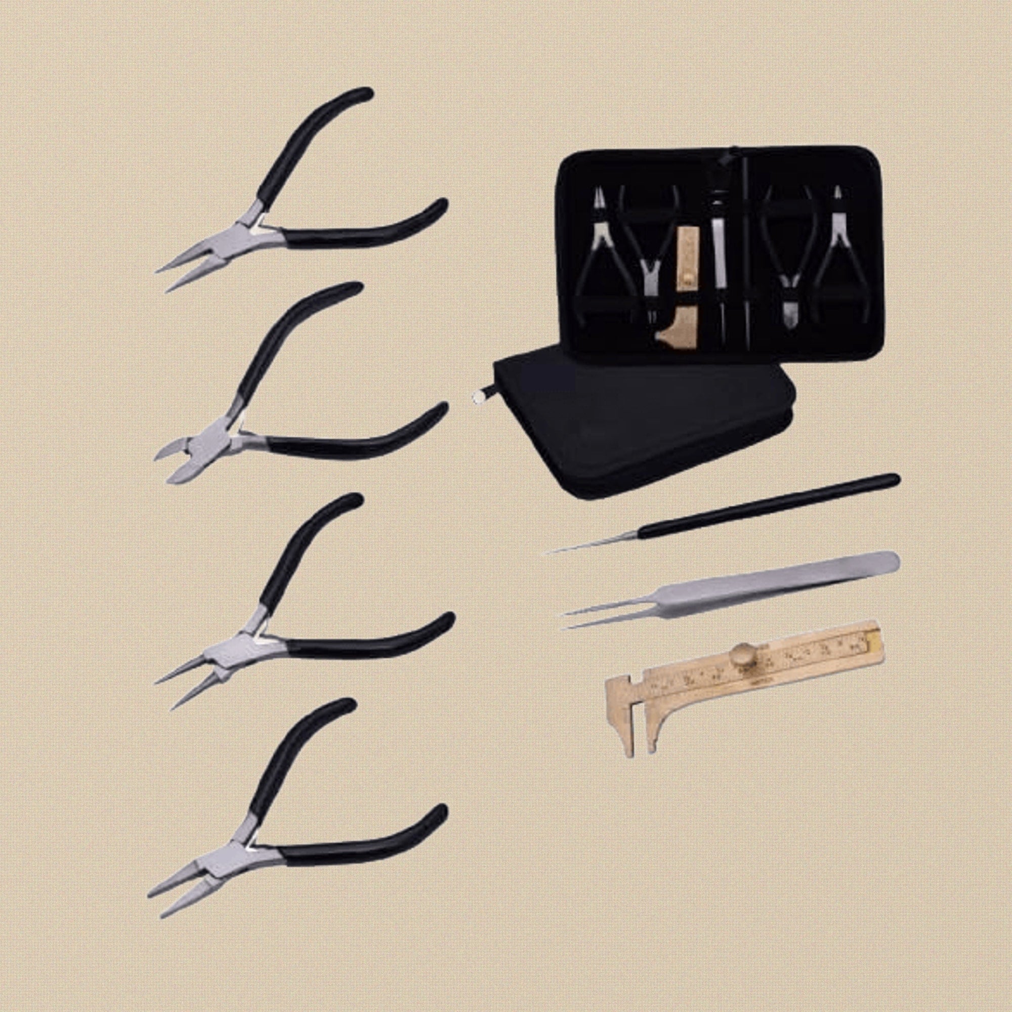 7-Piece Jewellery & Beads Tool Kit/ Set, Pliers, Tweezers, Calipers, Black Carry Case | Jewellery Making Tools | Toolsmith Ltd UK