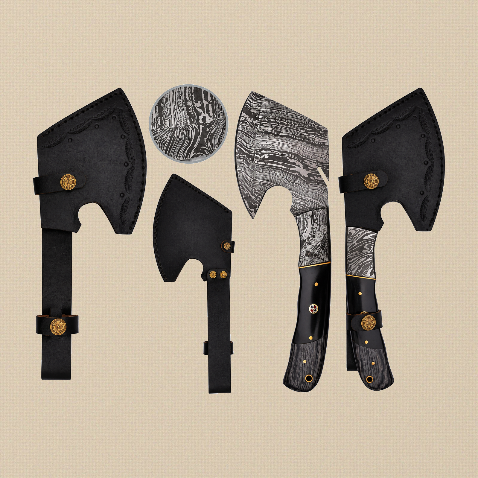 Damascus Steel Axe, 11-inch (279 mm), with Wood Handle and Leather Sheath | Axe | Toolsmith Ltd UK