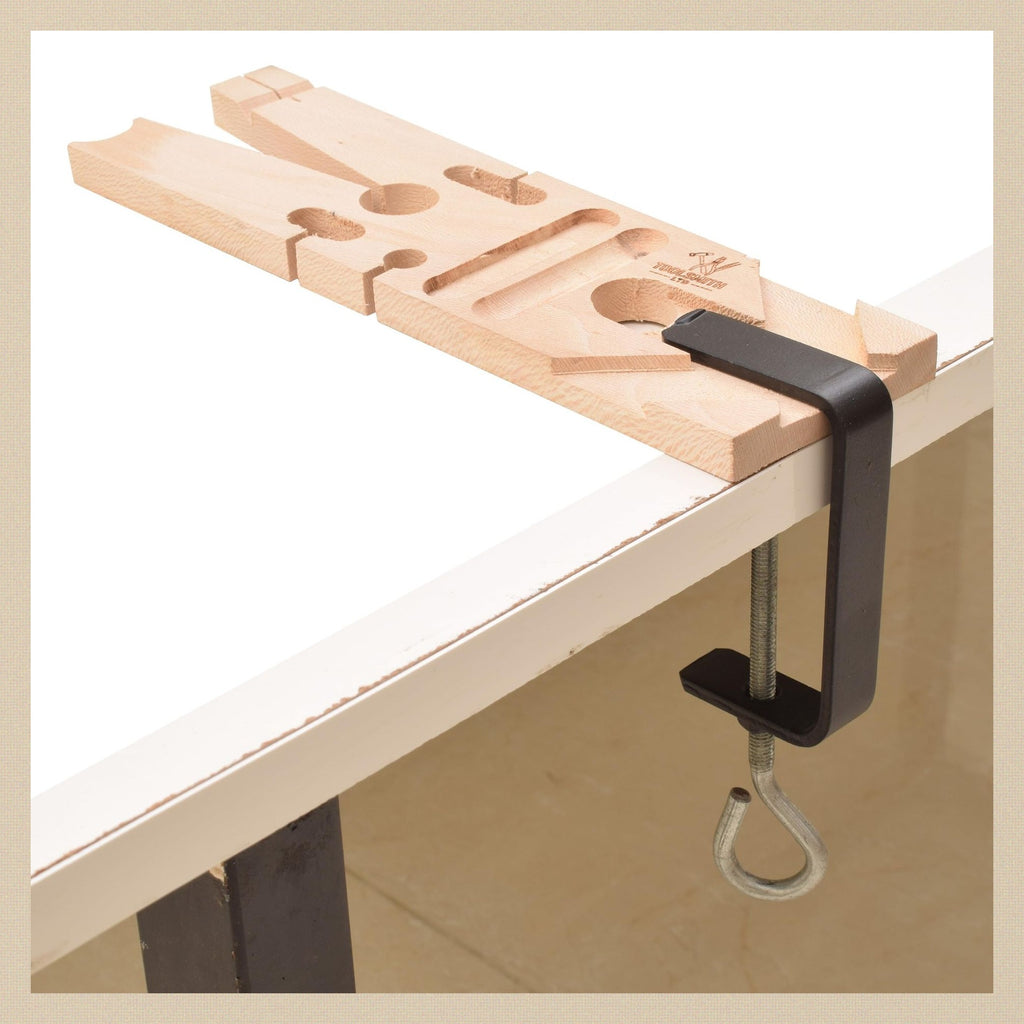 Multi-Angled Bench Pin with Clamp, 21.5 x 6.5 x 1.25 cm Hardwood Pin with Cut-Outs and 45 Degree Notch, for Sawing and Filing | Jewellery Making Tools | Toolsmith Ltd UK