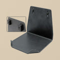 Toolsmith engraving bench shelf in black powder-coated steel, with an inset showing the two mounting blocks on the back
