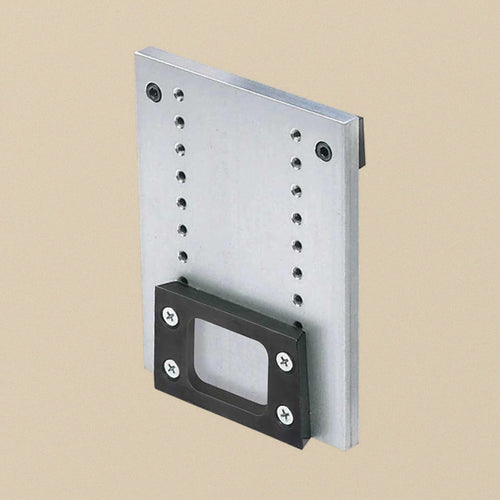 Adjustable height bracket and mounting plate kit, the drilled stainless steel plate upright with the black bracket fitted