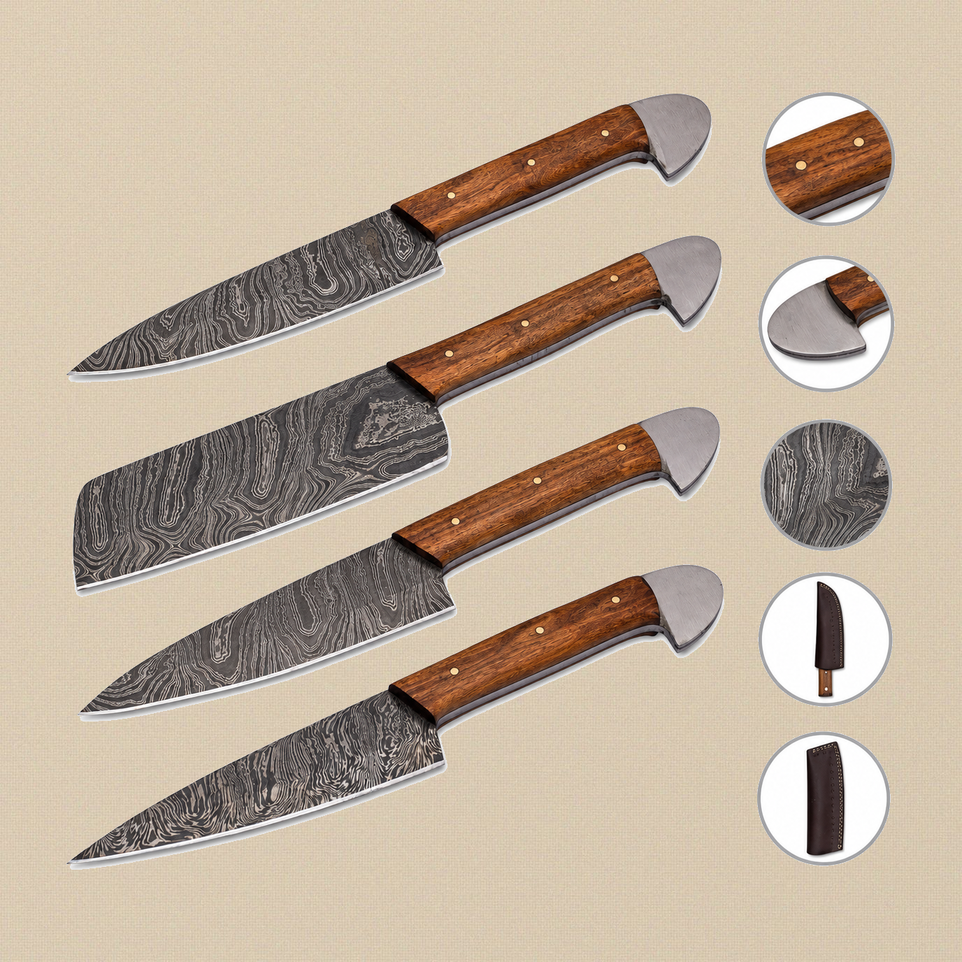 Four-Piece Damascus Chef's Knife Set with Rosewood Handles and Individual Leather Sheaths | Knife Set | Toolsmith Ltd UK