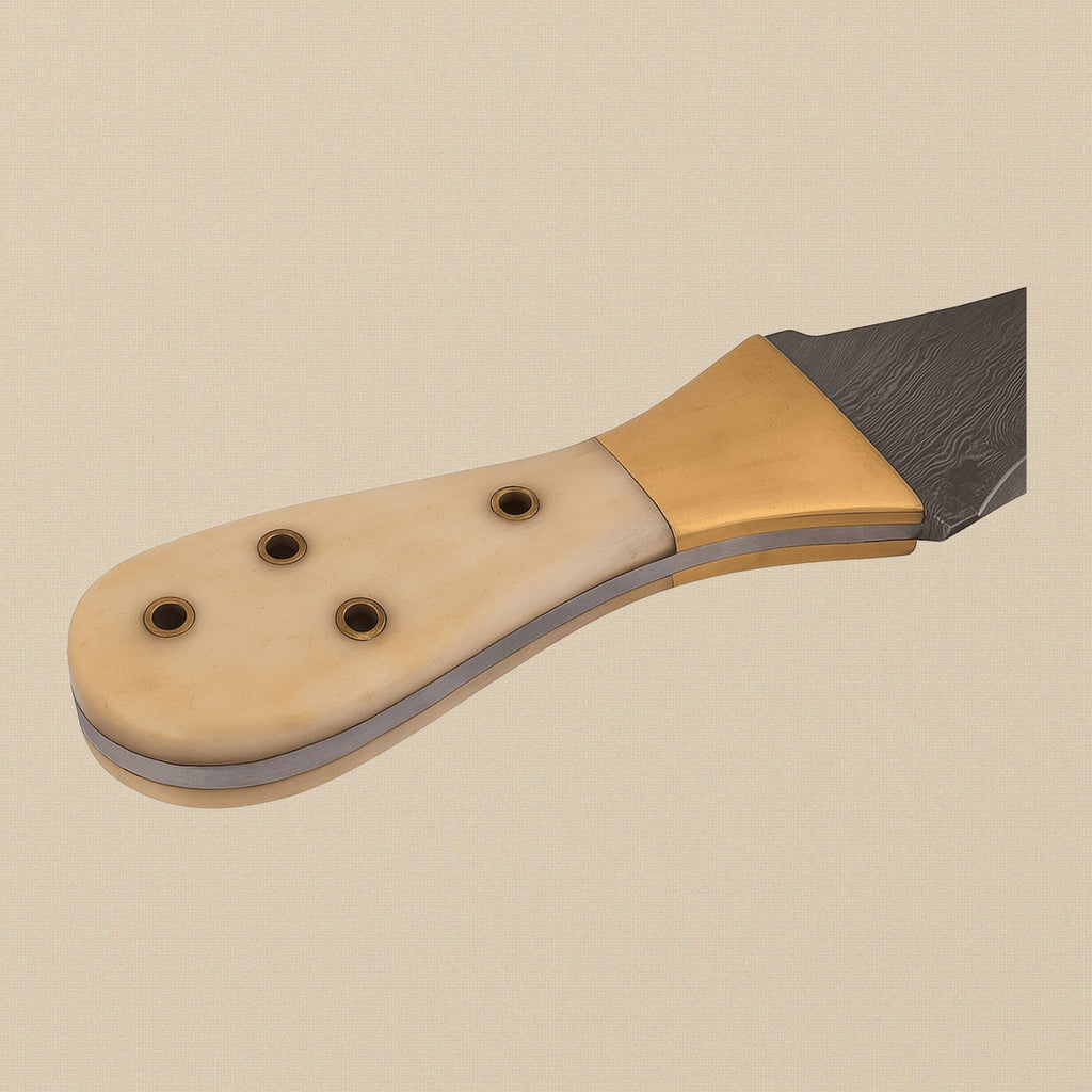 Damascus Steel Dagger, 216mm, with Bone-and-Brass Handle and Leather Sheath | Dagger | Toolsmith Ltd UK