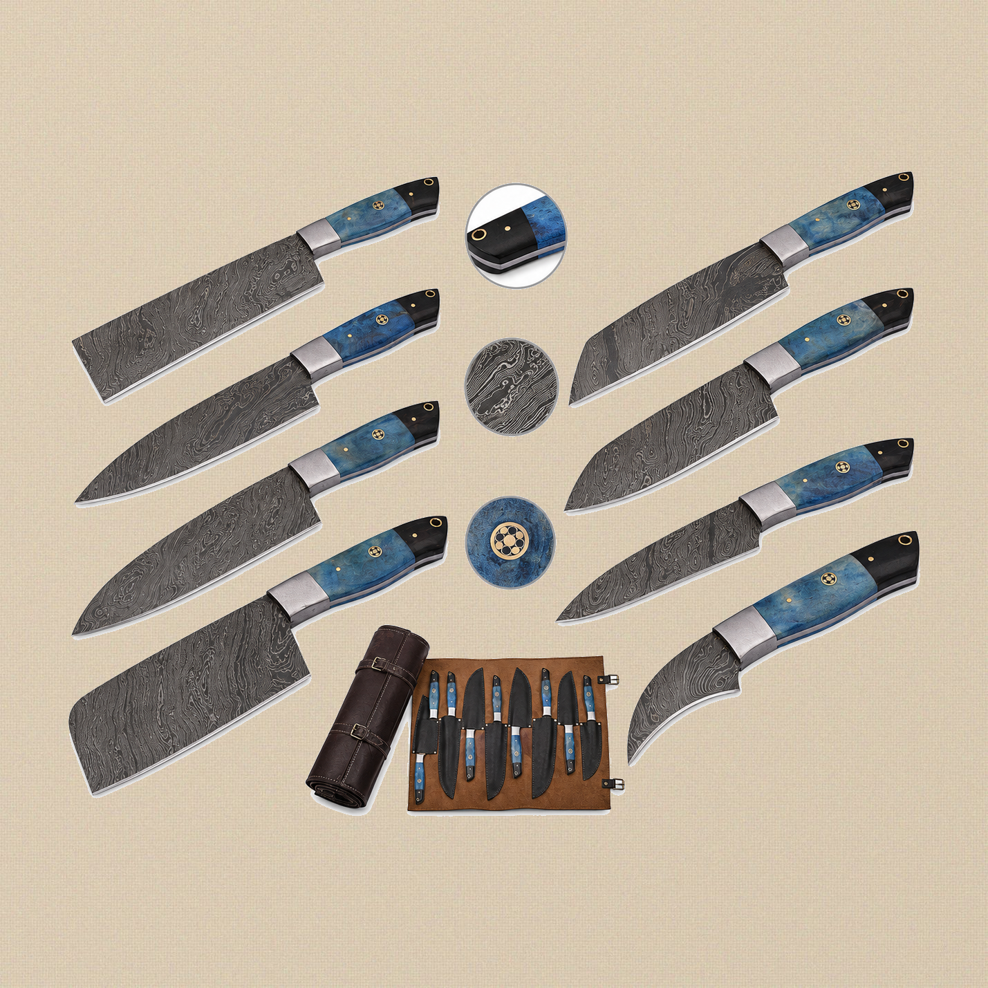 8-Piece Chef's Knife Set in Hand-Forged Damascus Steel with Coloured Bone Handles and Leather Roll | Kitchen Knife Set | Toolsmith Ltd UK