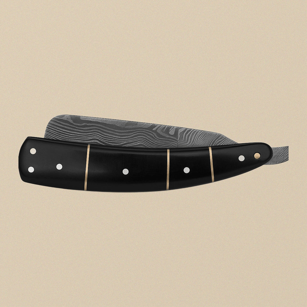 Damascus Steel Straight Razor, 70mm Blade, with Bull Horn Handle | Straight Razor | Toolsmith Ltd UK