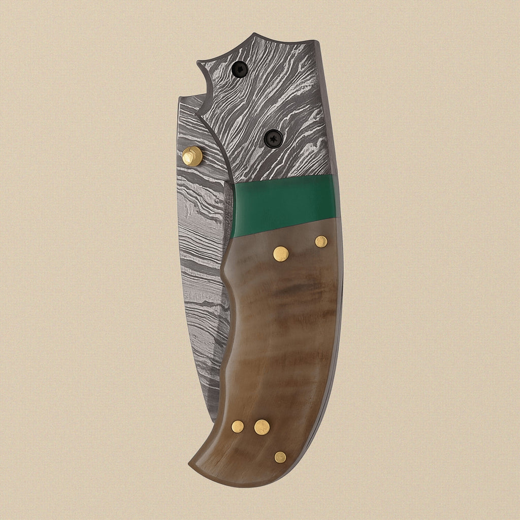 Ram Horn Handled Folding Knife with 76mm Fire Pattern Damascus Blade and Sheath | Folding Knife | Toolsmith Ltd UK