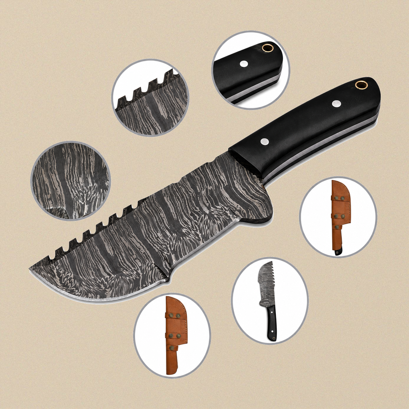 Damascus Steel Tracker Knife with 145 mm Blade, Buffalo Horn Handle and Leather Sheath | Tracker Knife | Toolsmith Ltd UK