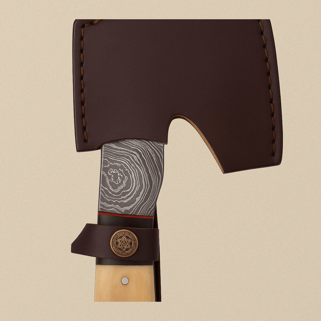 Damascus Steel Hatchet, 229 mm, with Bull Horn and Bone Handle and Leather Sheath | Hatchet | Toolsmith Ltd UK