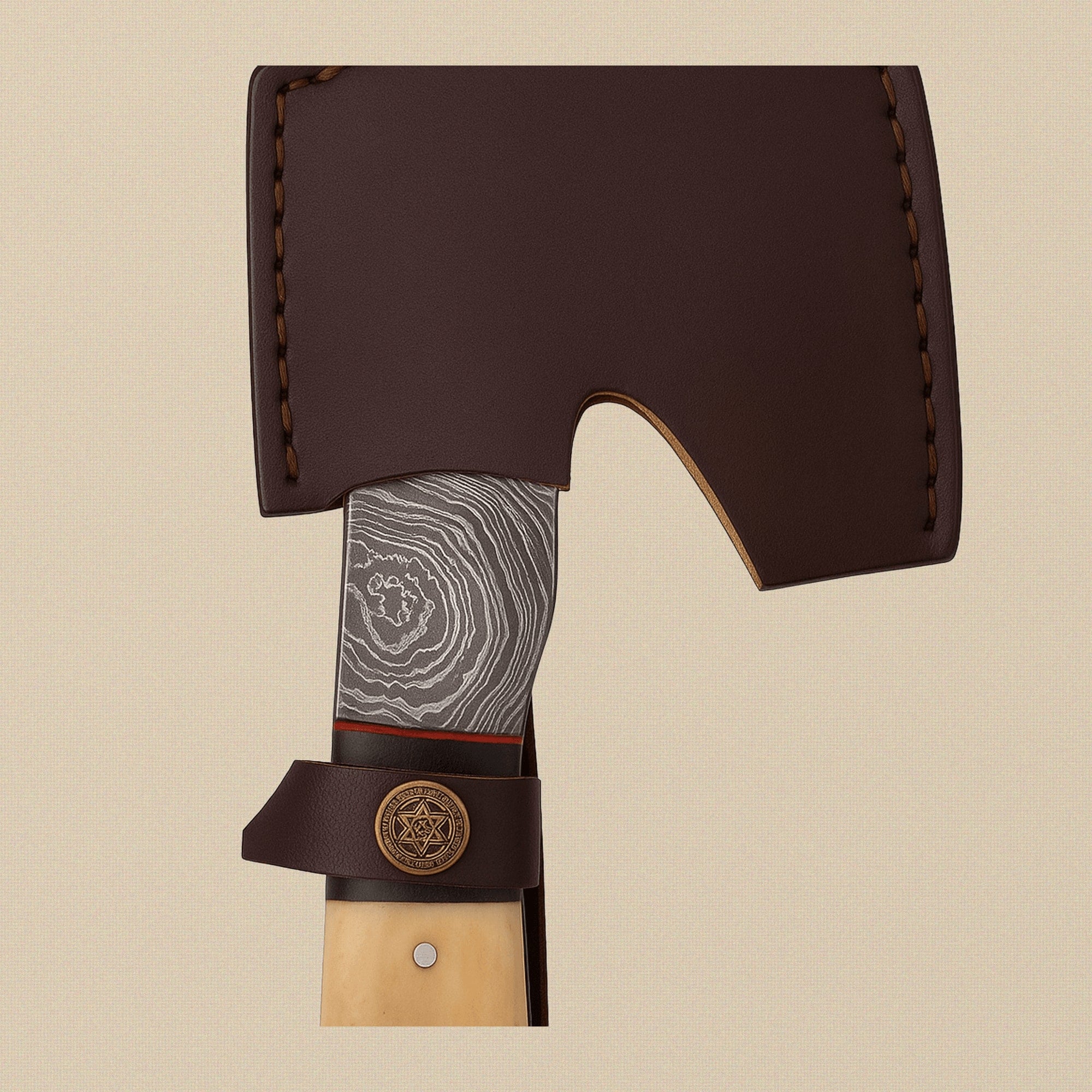 Damascus Steel Hatchet, 229 mm, with Bull Horn and Bone Handle and Leather Sheath | Hatchet | Toolsmith Ltd UK