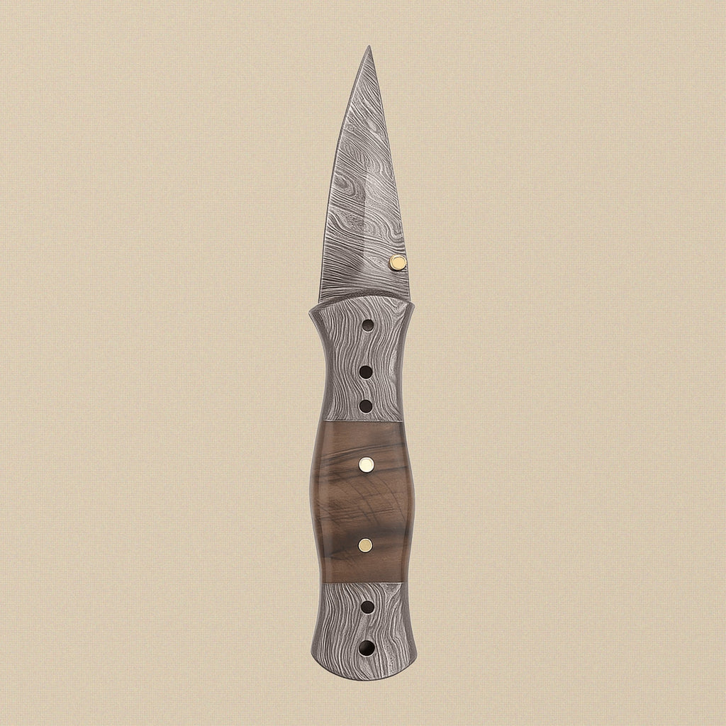 Ram-Horn Handled Folding Knife with Fire Pattern Damascus Blade & Leather Sheath, 190mm | Folding Knife | Toolsmith Ltd UK