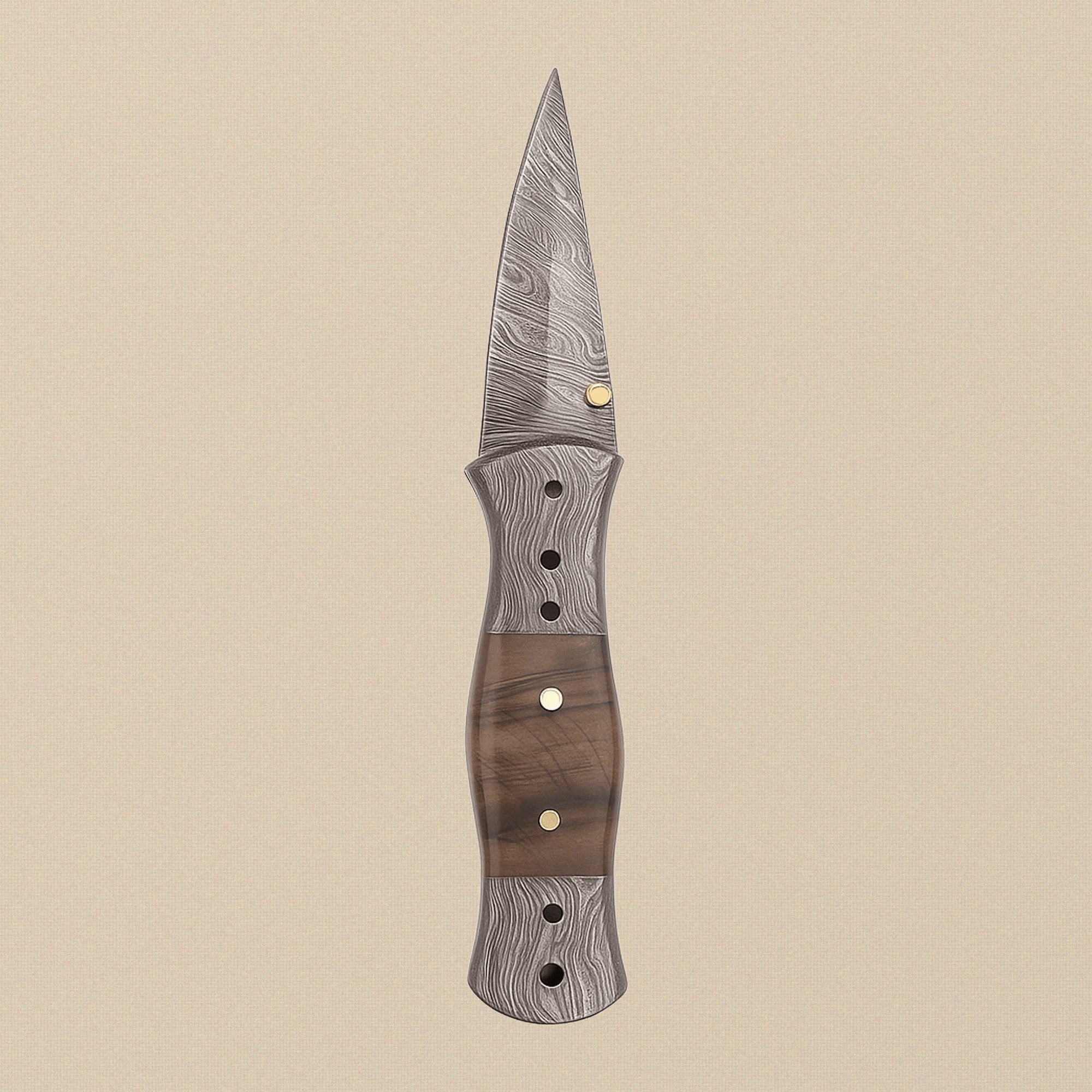 Ram-Horn Handled Folding Knife with Fire Pattern Damascus Blade & Leather Sheath, 190mm | Folding Knife | Toolsmith Ltd UK