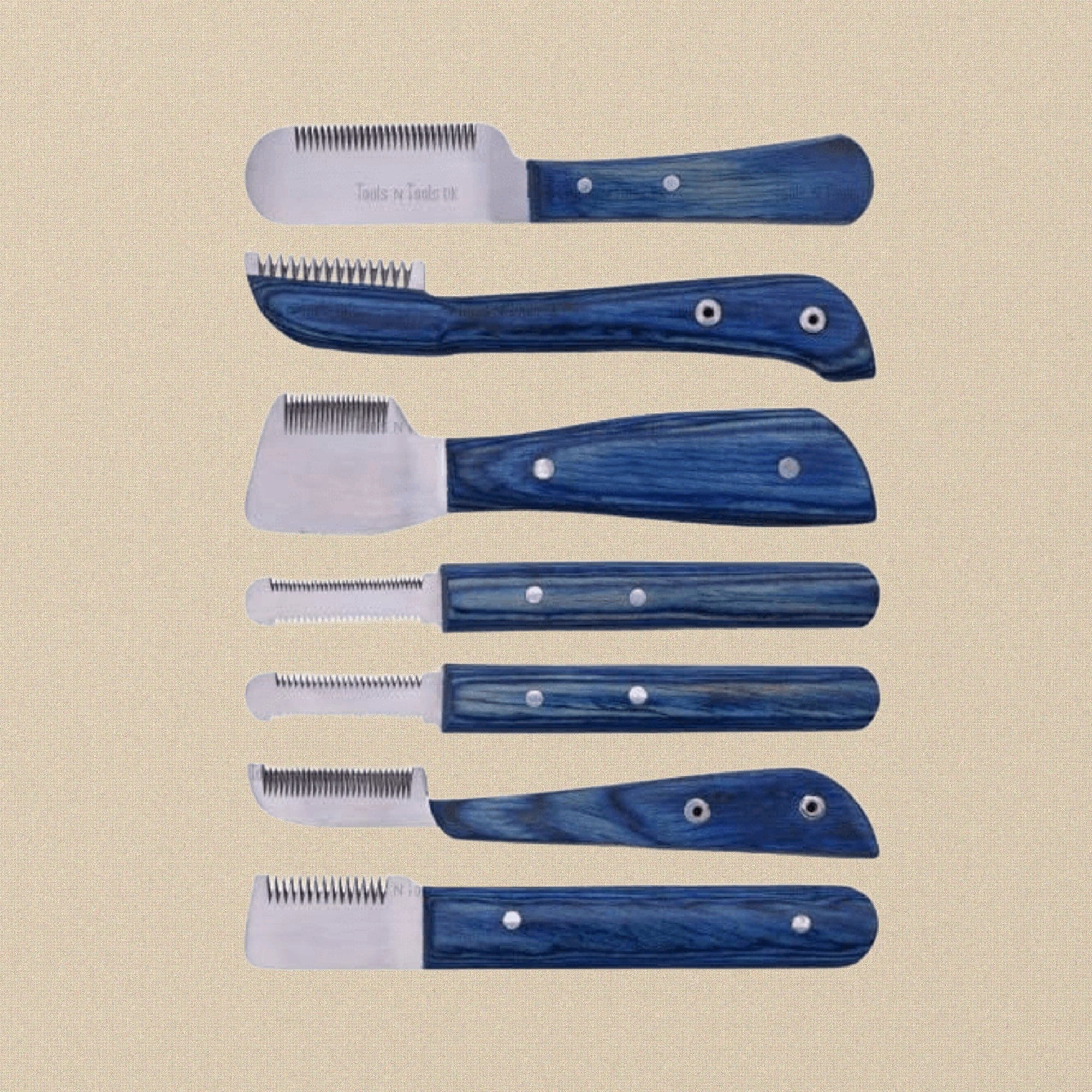 Blue Colour 6-Piece Pets Grooming Stripping Knife Set, Stainless Steel Combs/ Brushes with Wooden Storage Box for Dogs and Cats, Right-Handed Design | Pet Grooming Tools | Toolsmith Ltd UK