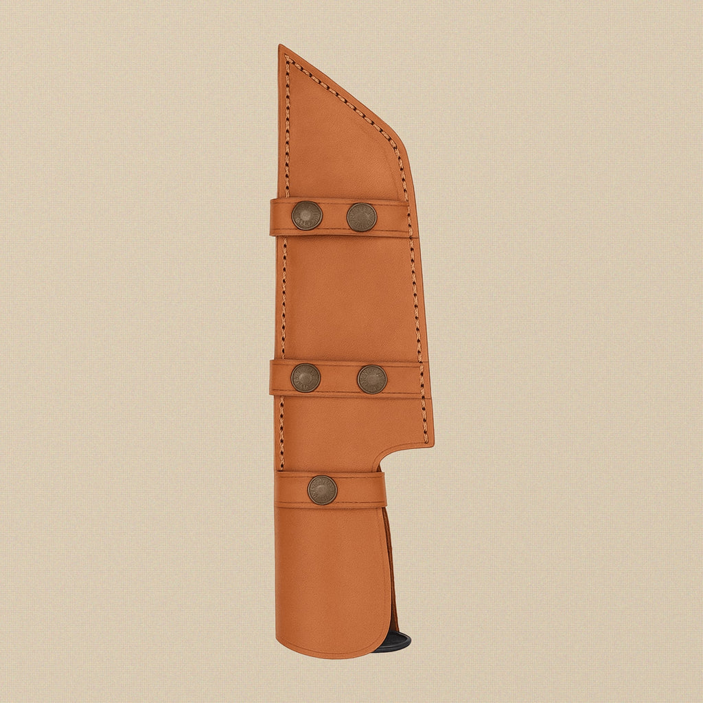 Damascus Steel Tracker Knife (8-inch Blade) with Ram Horn Handle and Leather Sheath | Knives | Toolsmith Ltd UK