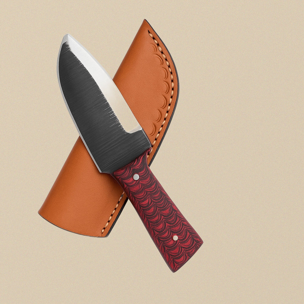 Hand-Forged D2 Steel Skinner Knife with Red Pakkawood Handle and Leather Sheath | Utility Knife | Toolsmith Ltd UK