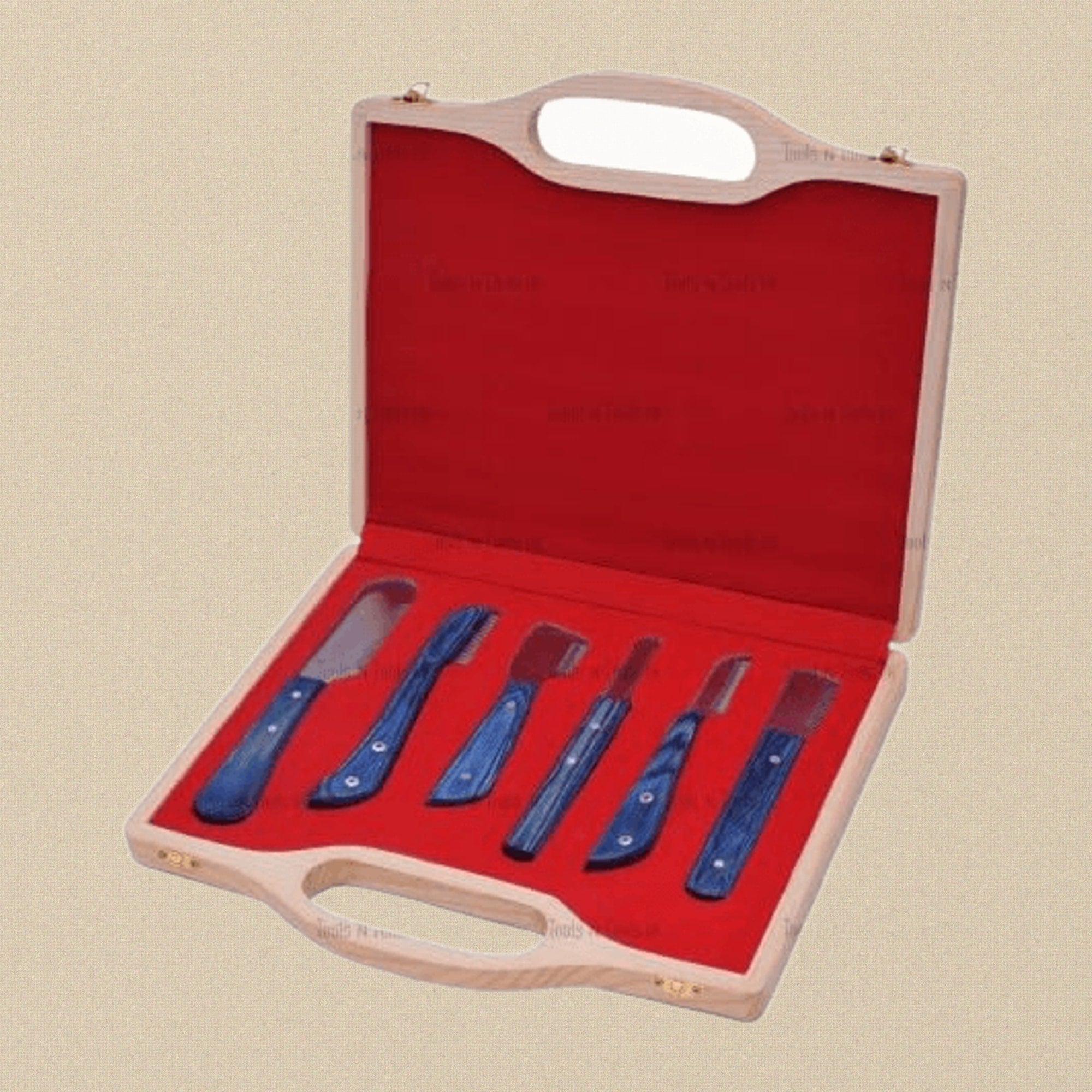 Blue Colour 6-Piece Pets Grooming Stripping Knife Set, Stainless Steel Combs/ Brushes with Wooden Storage Box for Dogs and Cats, Right-Handed Design | Pet Grooming Tools | Toolsmith Ltd UK
