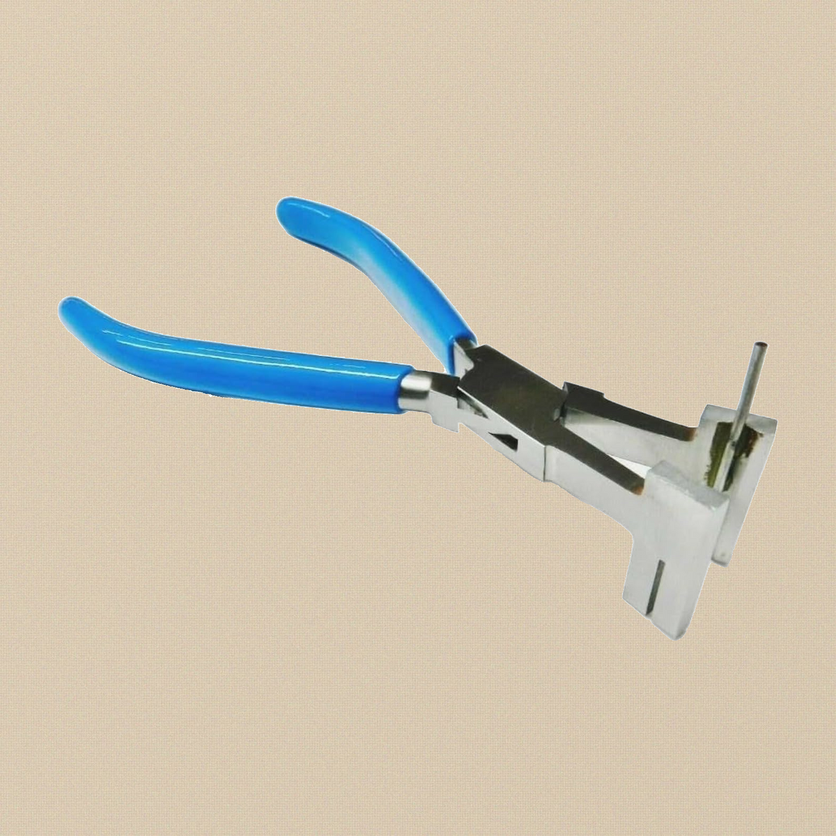 Coil cutting and jump ring making pliers with blue PVC-coated handles, showing the slotted jaws and the pin on one jaw