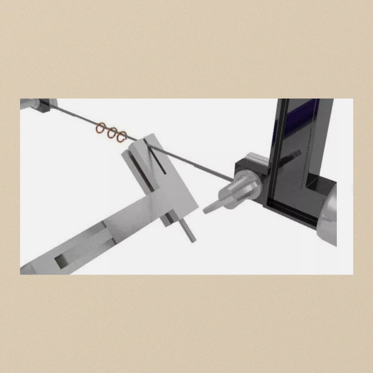 Illustration of a jeweller's saw blade passing through the jaw slit of the coil cutting pliers, with cut copper-coloured jump rings on the blade