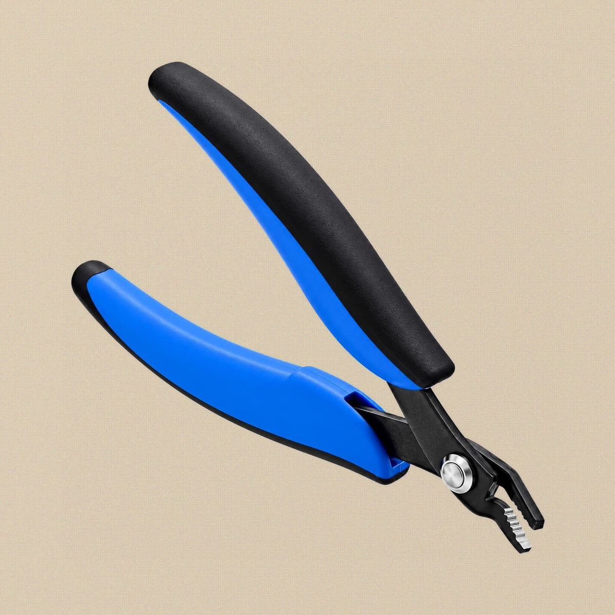 Ergonomic crimping pliers with blue and black soft-grip handles