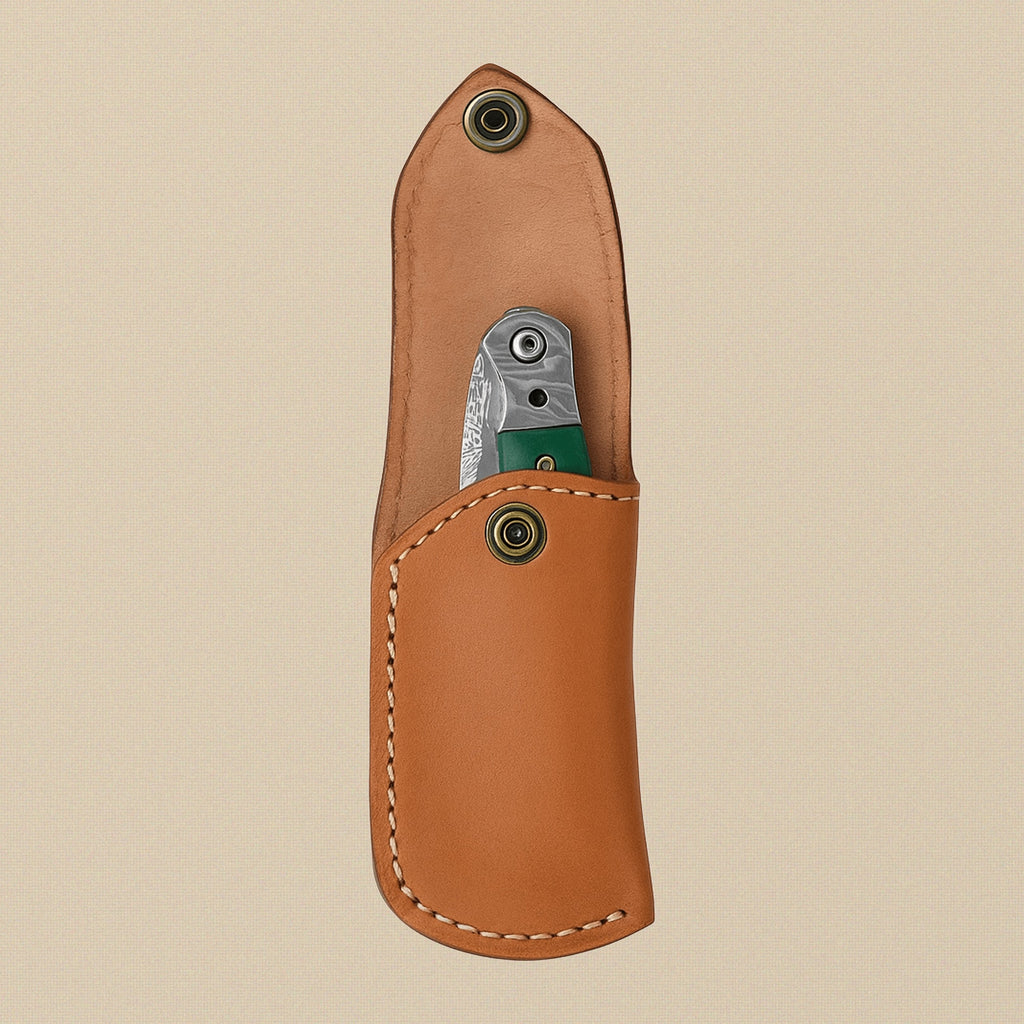 Damascus Steel Folding Knife with Green Camel Bone Handle and Leather Sheath, 7.5-inch | Folding Knife | Toolsmith Ltd UK