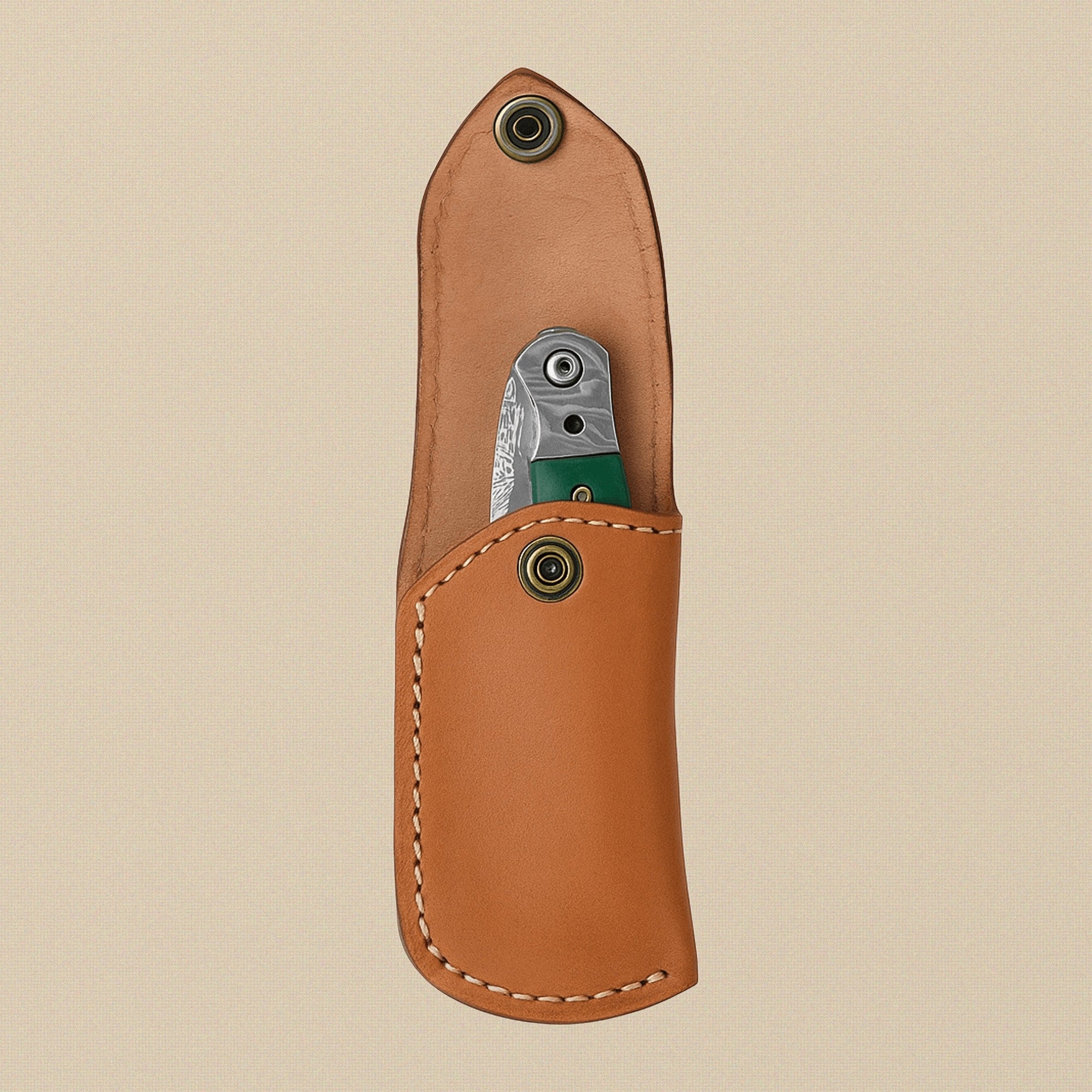 Damascus Steel Folding Knife with Green Camel Bone Handle and Leather Sheath, 7.5-inch | Folding Knife | Toolsmith Ltd UK