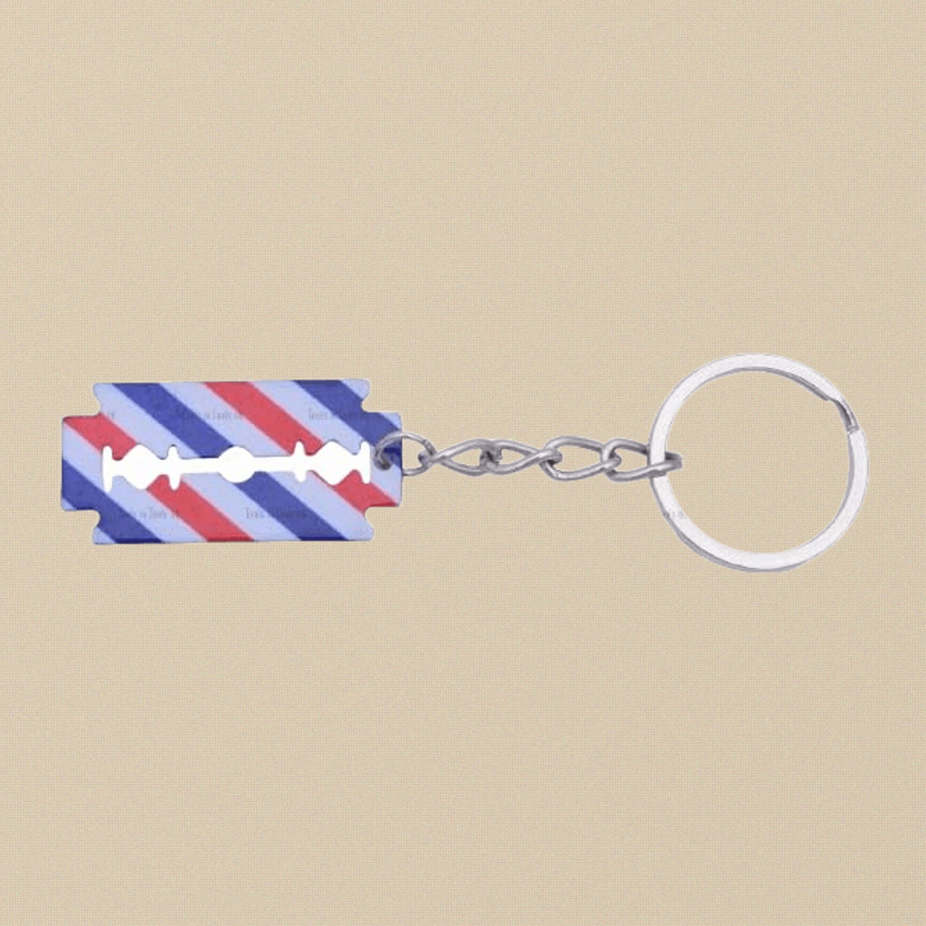 Barber Style Razor Blade Keychain, Stainless Steel, Red White Blue Striped Pattern, Mini Size, Decorative Key Ring Accessory | Jewellery Making Tools | Toolsmith Ltd UK