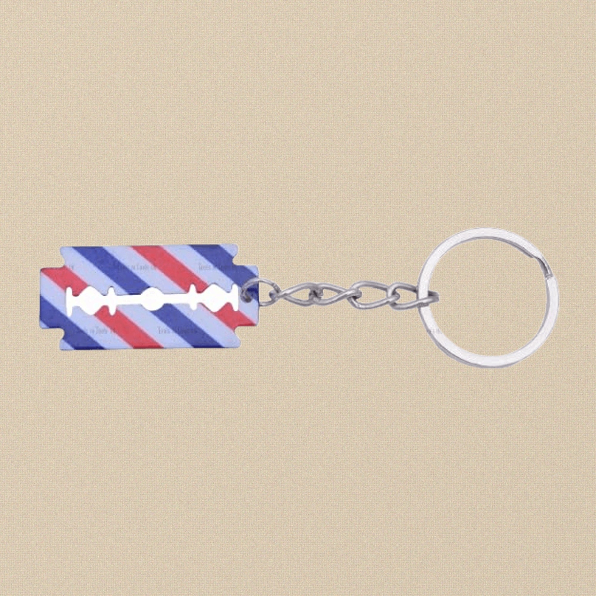 Barber Style Razor Blade Keychain, Stainless Steel, Red White Blue Striped Pattern, Mini Size, Decorative Key Ring Accessory | Jewellery Making Tools | Toolsmith Ltd UK