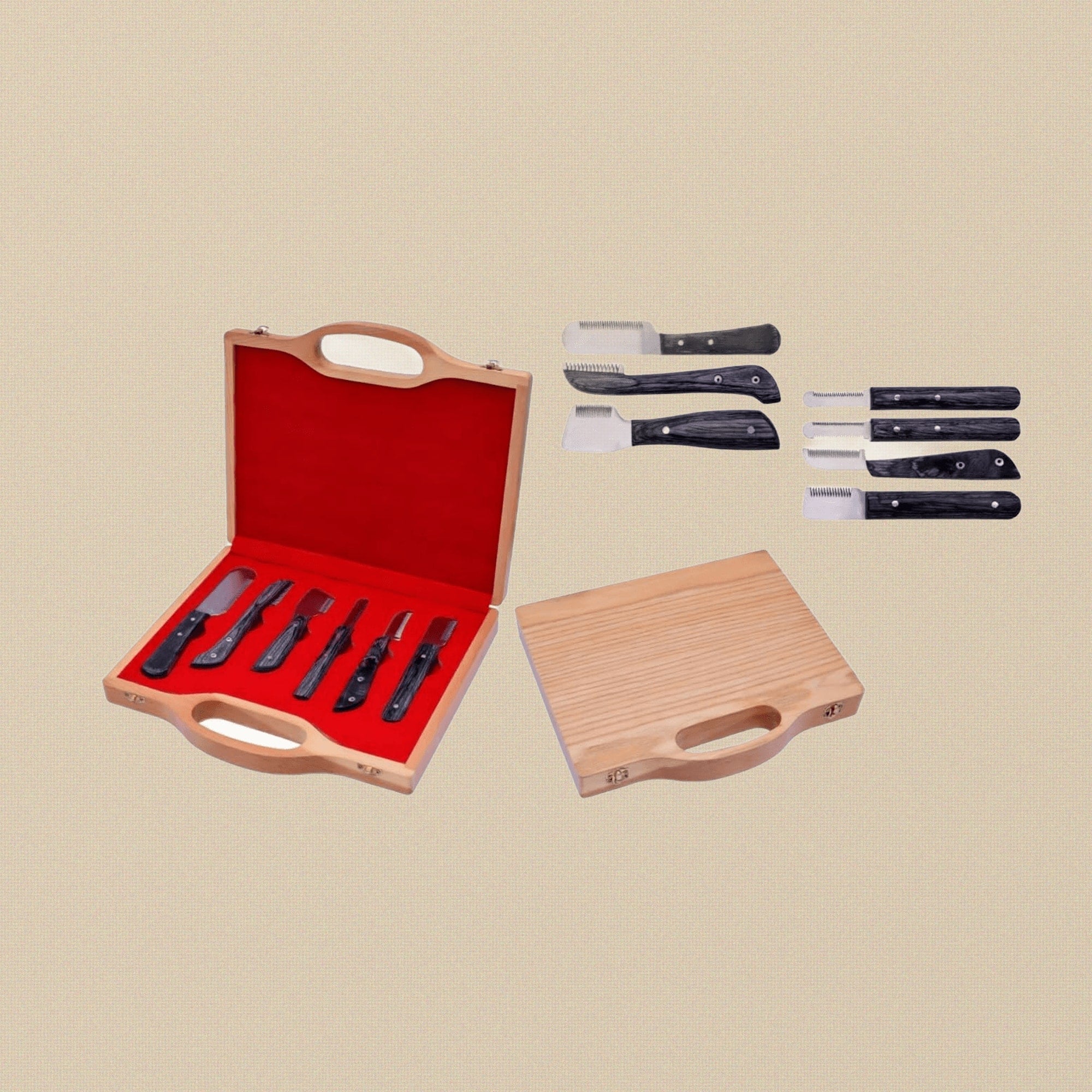 Black Colour 6-Piece Pets Grooming Stripping Knife Set, Brush/ Combs with Wooden Storage Box for Dogs and Cats, Right-Handed Design | Pet Grooming Tools | Toolsmith Ltd UK