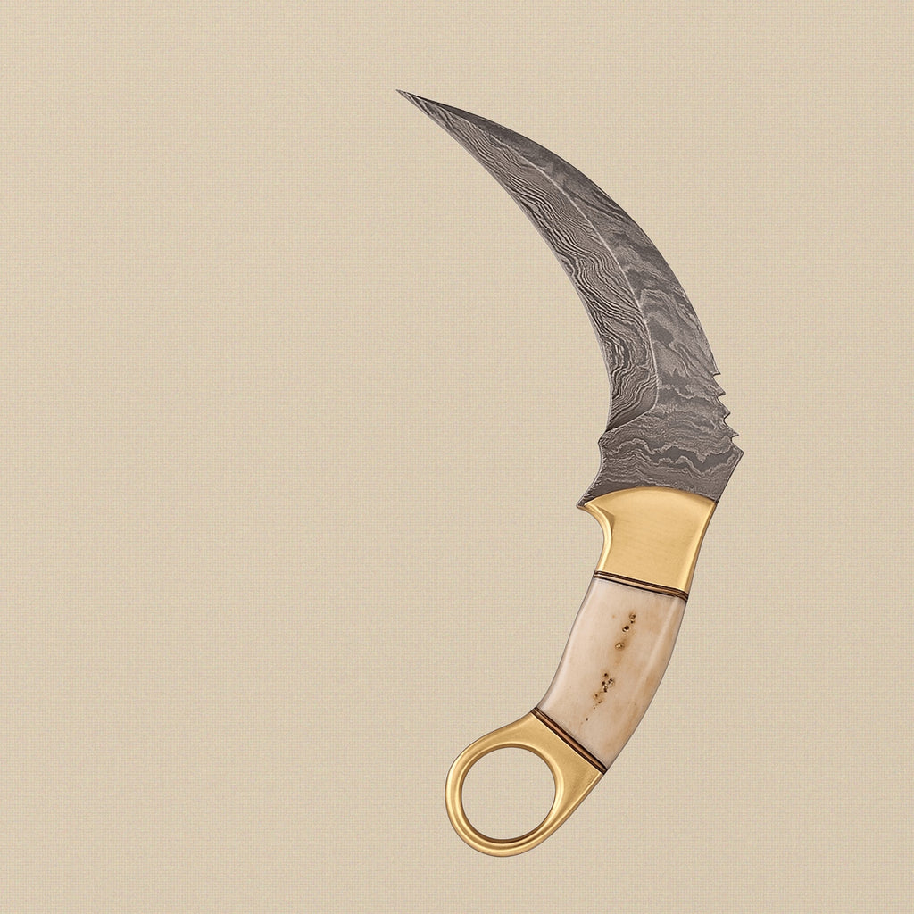 Hand-Forged Karambit Knife in Raindrop Damascus Steel with Red Deer Stag Handle | Knife | Toolsmith Ltd UK
