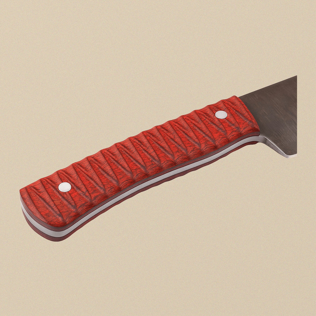 Hand-Forged Layered Steel Utility Knife (9.5-inch) with Red Pakkawood Handle and Leather Sheath | Utility Knife | Toolsmith Ltd UK