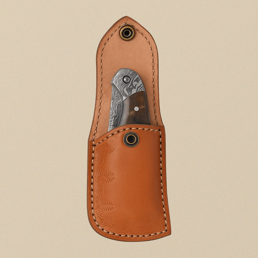 Folding Knife with Ram Horn Handle, 3.5" Fire Pattern Damascus Blade & Leather Sheath | Folding Knife | Toolsmith Ltd UK