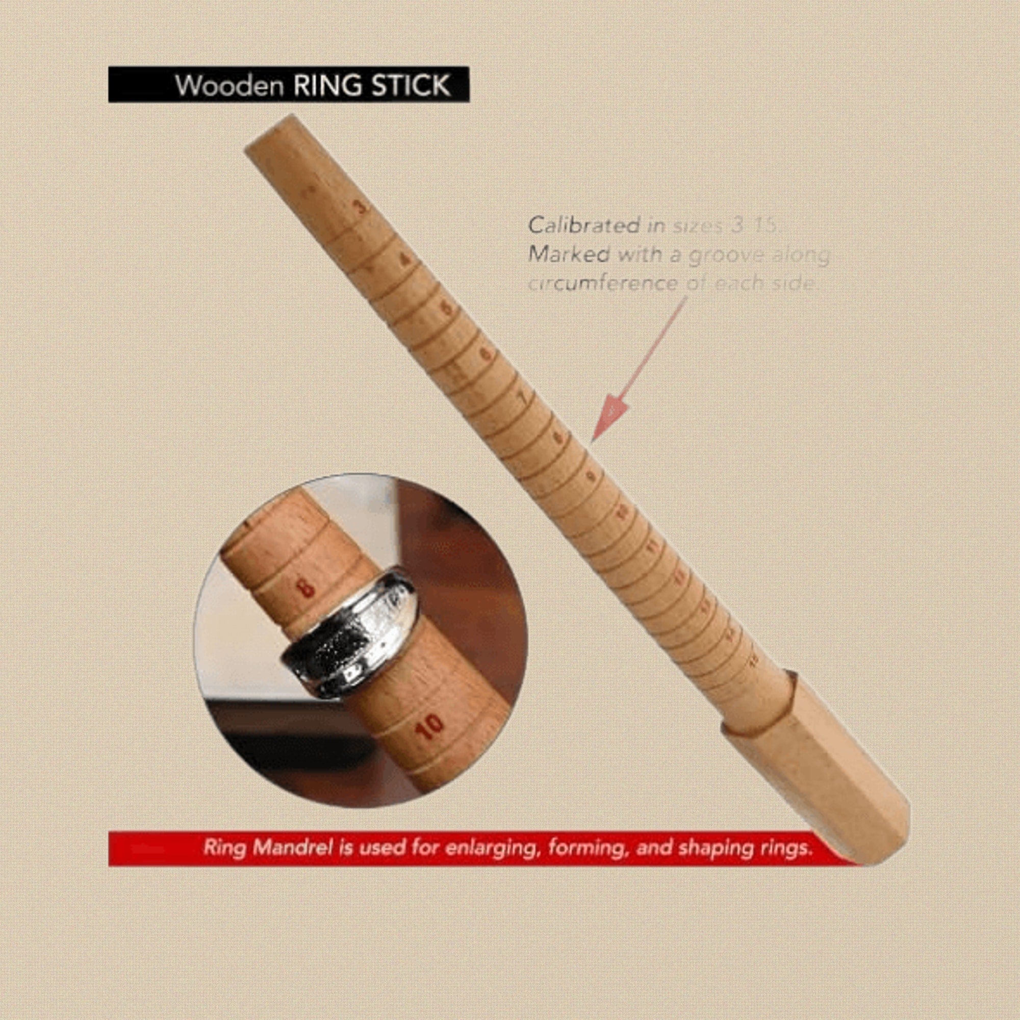 Wooden Ring Stick, Gauge Sizer with Non-Roll Handle, Grooved & Marked U.S. Standard Sizes: 1-15, Tool for Enlarging, Forming and Shaping Rings | Jewellery Making Tools | Toolsmith Ltd UK