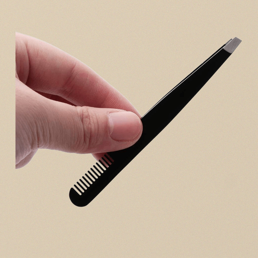 4.5 Inch Stainless Steel Eyebrow Tweezers with Integrated Comb, Slanted Tip, Black, Professional Grooming Tool | Beauty & Nail Tools | Toolsmith Ltd UK