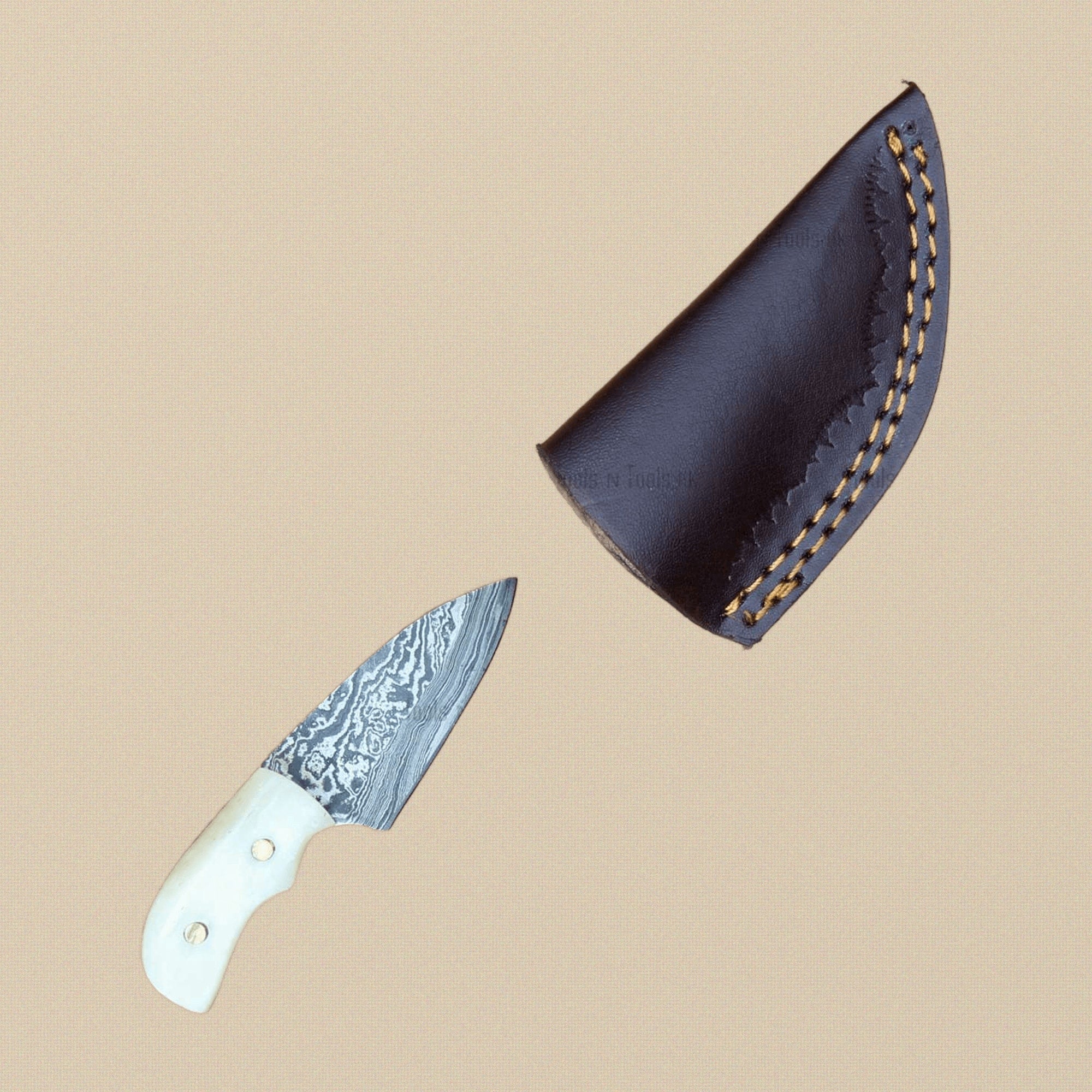 Miniature Damascus Skinner Knife, 76mm, Bone-Handled with Leather Sheath | Miniature Knife | Toolsmith Ltd UK