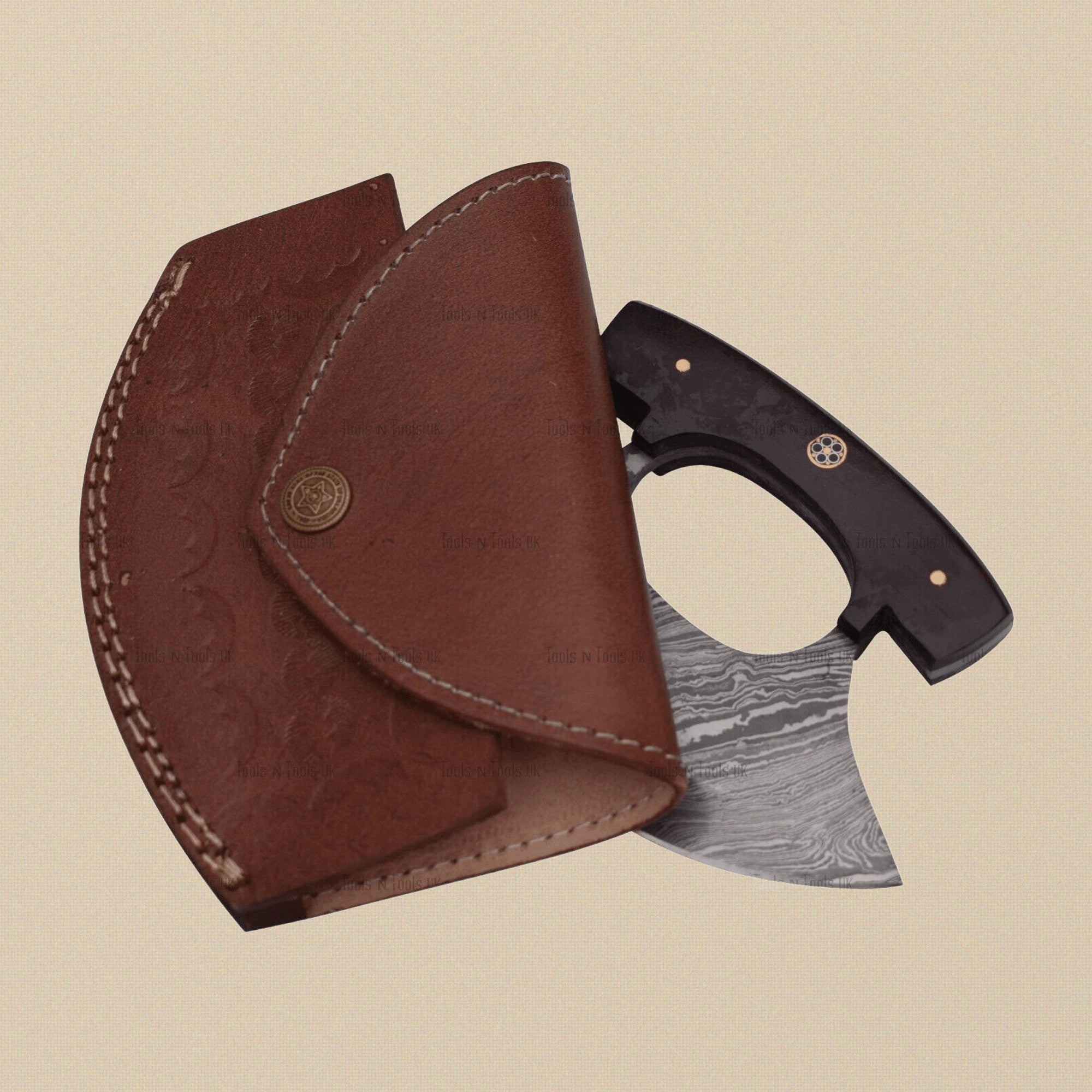 Ulu Knife with 6-inch Damascus Steel Blade, Rosewood Handle and Leather Sheath | Ulu Knife | Toolsmith Ltd UK