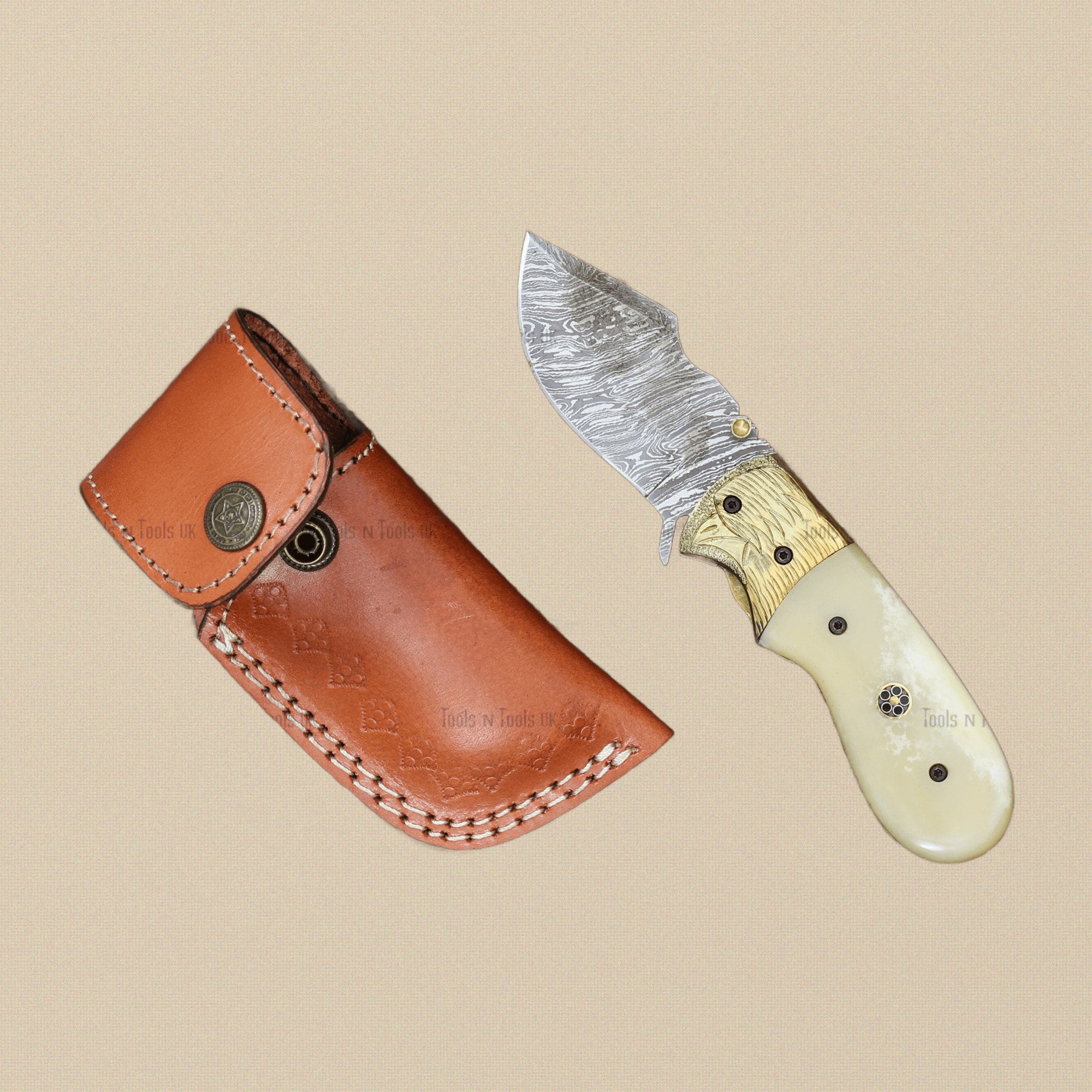Folding Pocket Knife, 171 mm Damascus Steel, Bone-Handled with Leather Sheath | Knife | Toolsmith Ltd UK