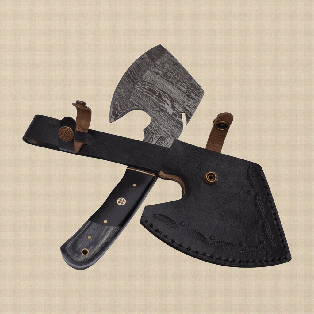 Damascus Steel Axe, 11-inch (279 mm), with Wood Handle and Leather Sheath | Axe | Toolsmith Ltd UK