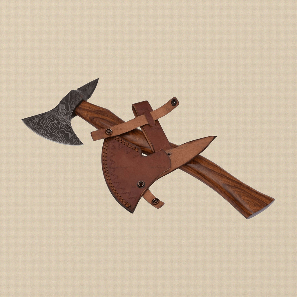 Double-Edged Damascus Steel Axe, 19-inch / 483mm, with Walnut Wood Handle and Leather Sheath | Axe | Toolsmith Ltd UK