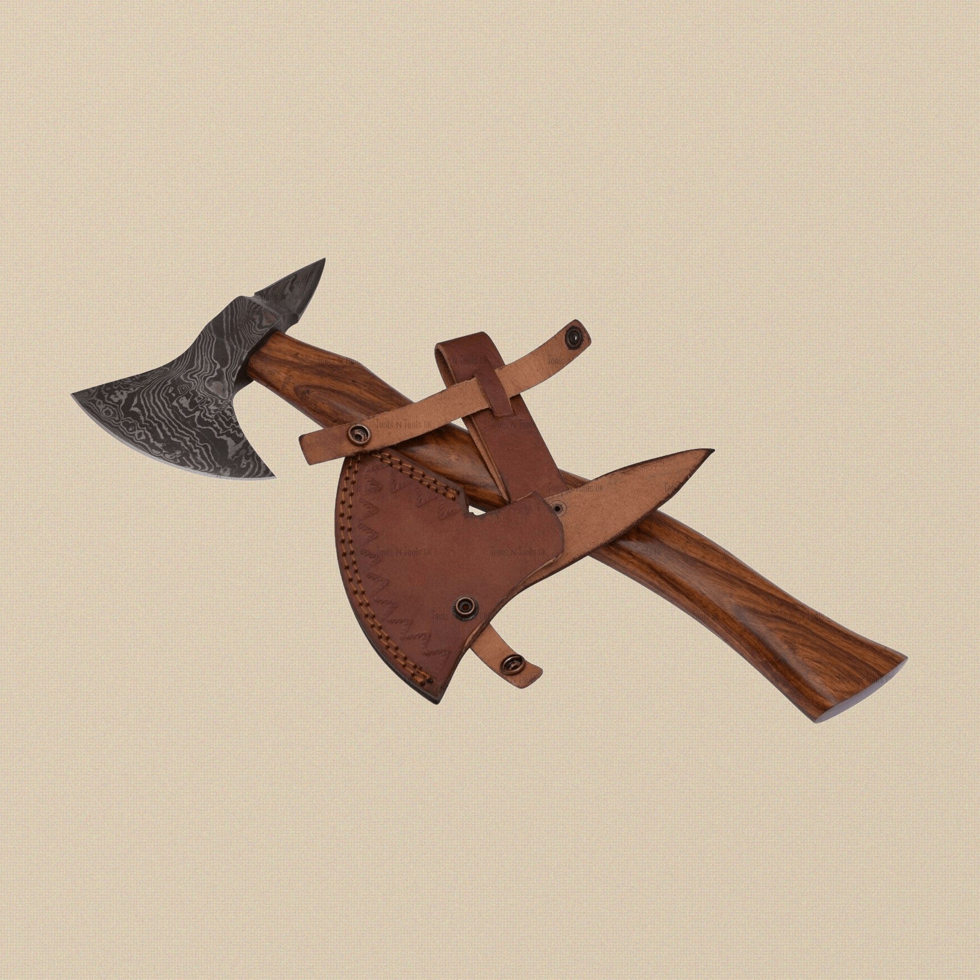 Double-Edged Damascus Steel Axe, 19-inch / 483mm, with Walnut Wood Handle and Leather Sheath | Axe | Toolsmith Ltd UK