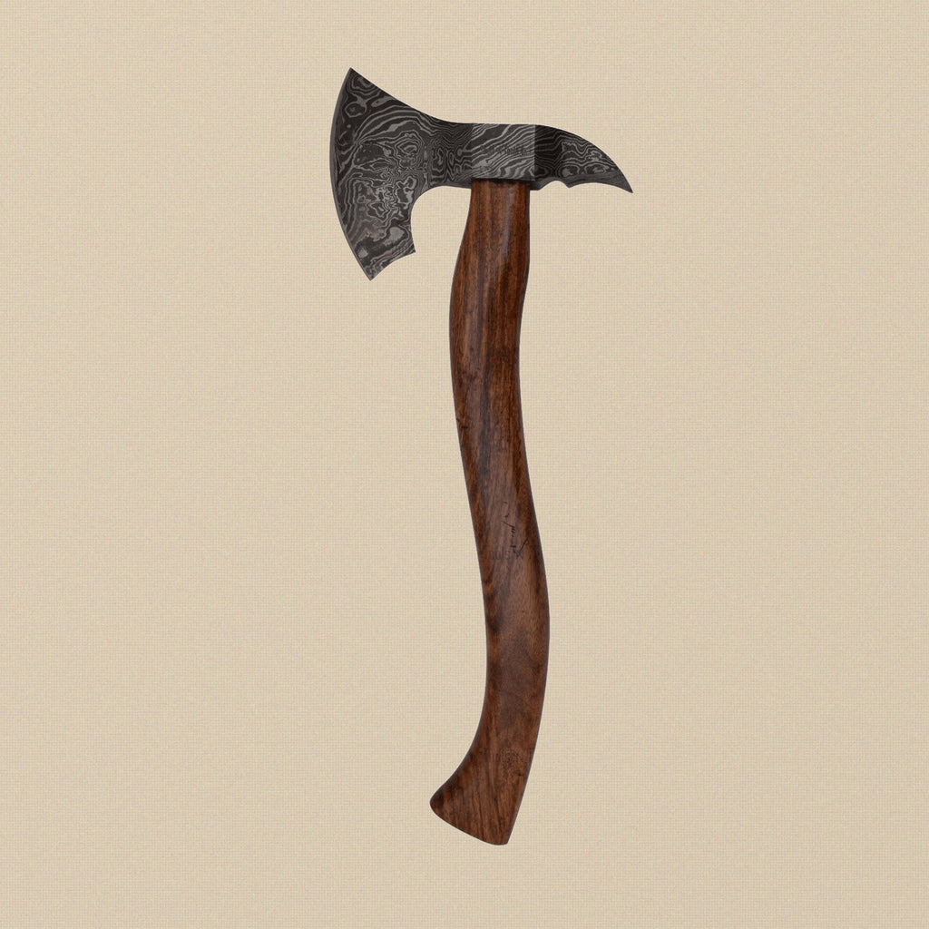 Damascus Steel Axe, 19-inch, with Walnut Wood Handle and Leather Sheath | Axe | Toolsmith Ltd UK