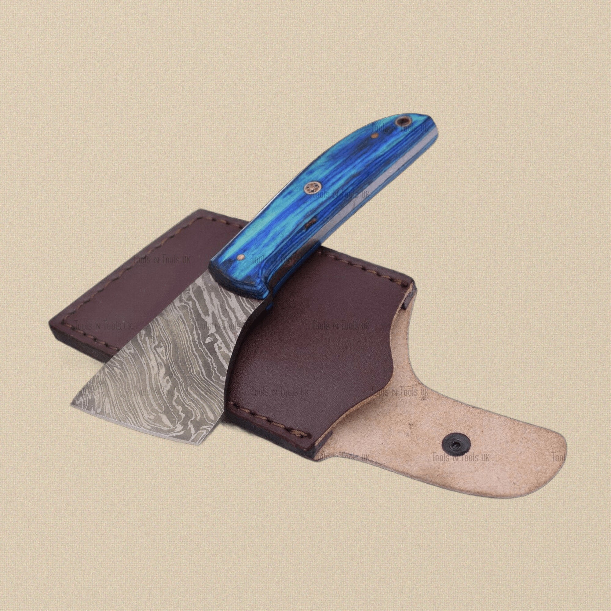 Saddler's Leather Skiving Tool, 7-inch Damascus Steel, with Wood and Brass Handle and Leather Sheath | Leather Skiving Knife | Toolsmith Ltd UK