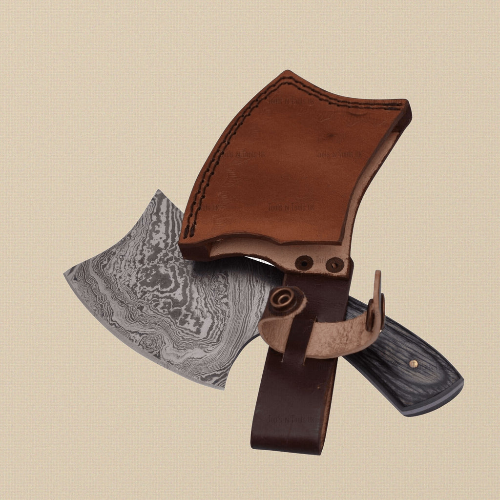 Mini Damascus Steel Axe, 7-inch, with Wood and Brass Handle and Leather Sheath | Axe | Toolsmith Ltd UK