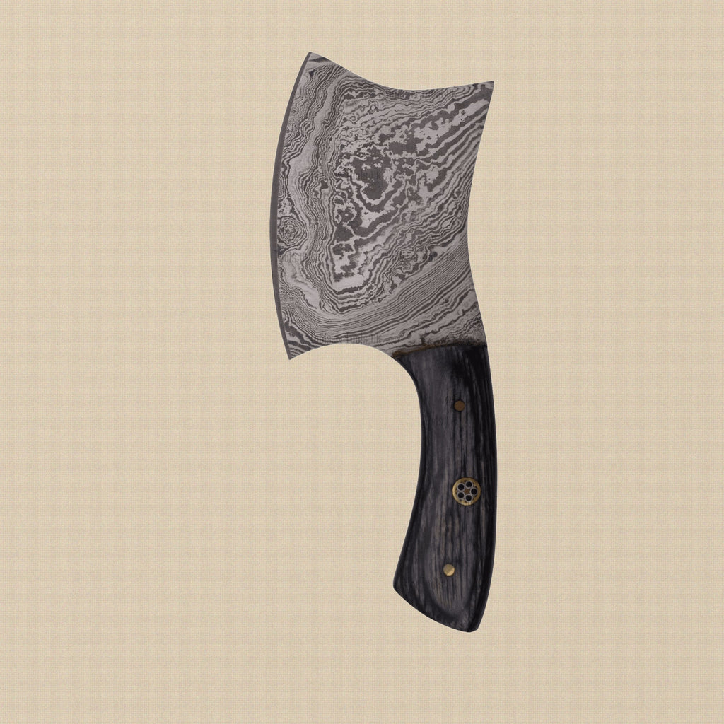 Mini Damascus Steel Axe, 7-inch, with Wood and Brass Handle and Leather Sheath | Axe | Toolsmith Ltd UK