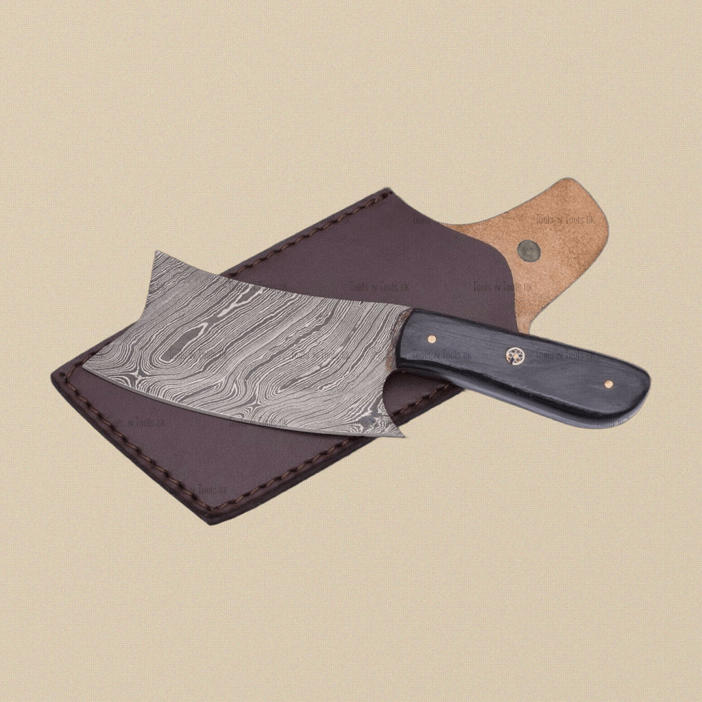 Damascus Steel Mini Axe, 216mm (8.5-inch), with Wood and Brass Handle and Leather Sheath | Axe | Toolsmith Ltd UK