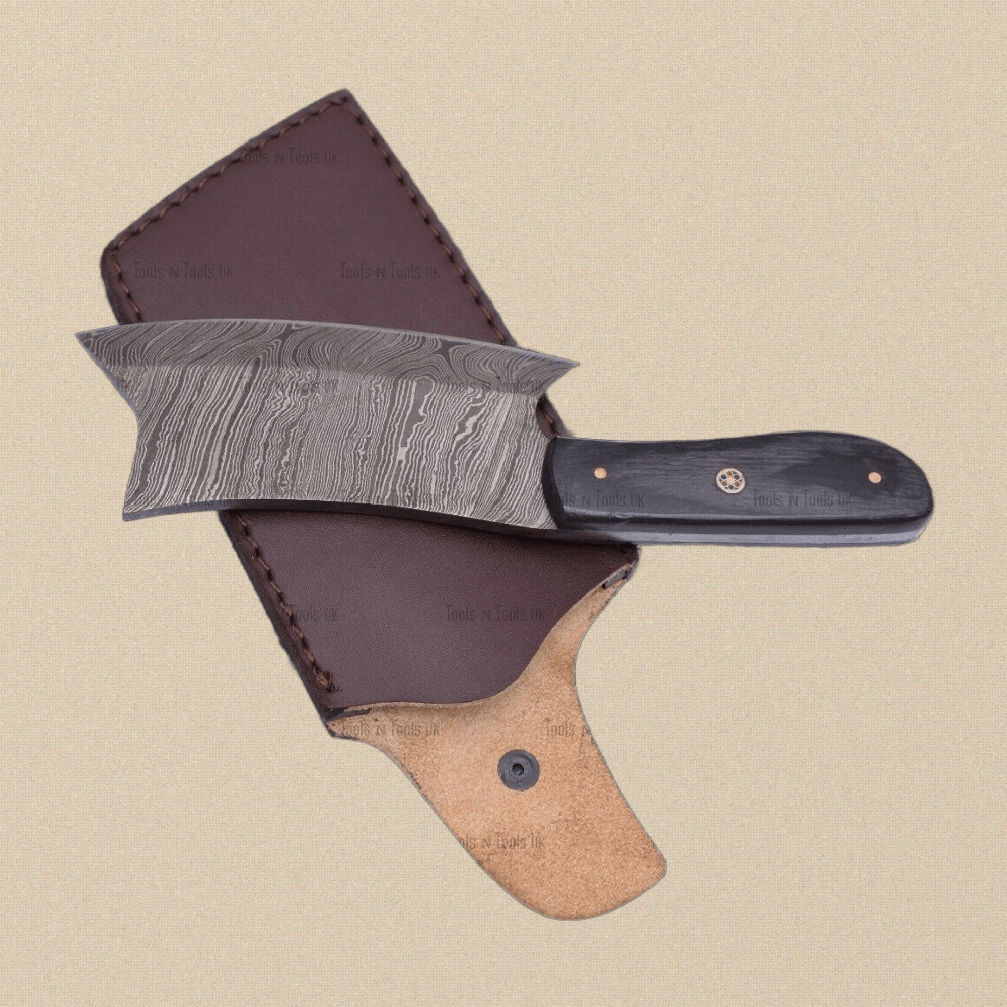 Damascus Steel Mini Axe, 216mm (8.5-inch), with Wood and Brass Handle and Leather Sheath | Axe | Toolsmith Ltd UK