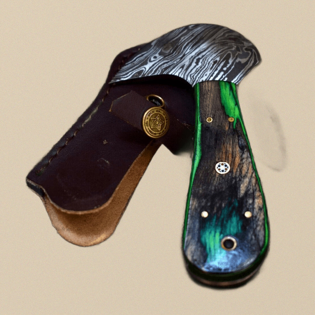 Damascus Steel Saddler's Leather Cutter, 6-inch, with Wood and Brass Handle and Leather Sheath | Leather Cutter | Toolsmith Ltd UK