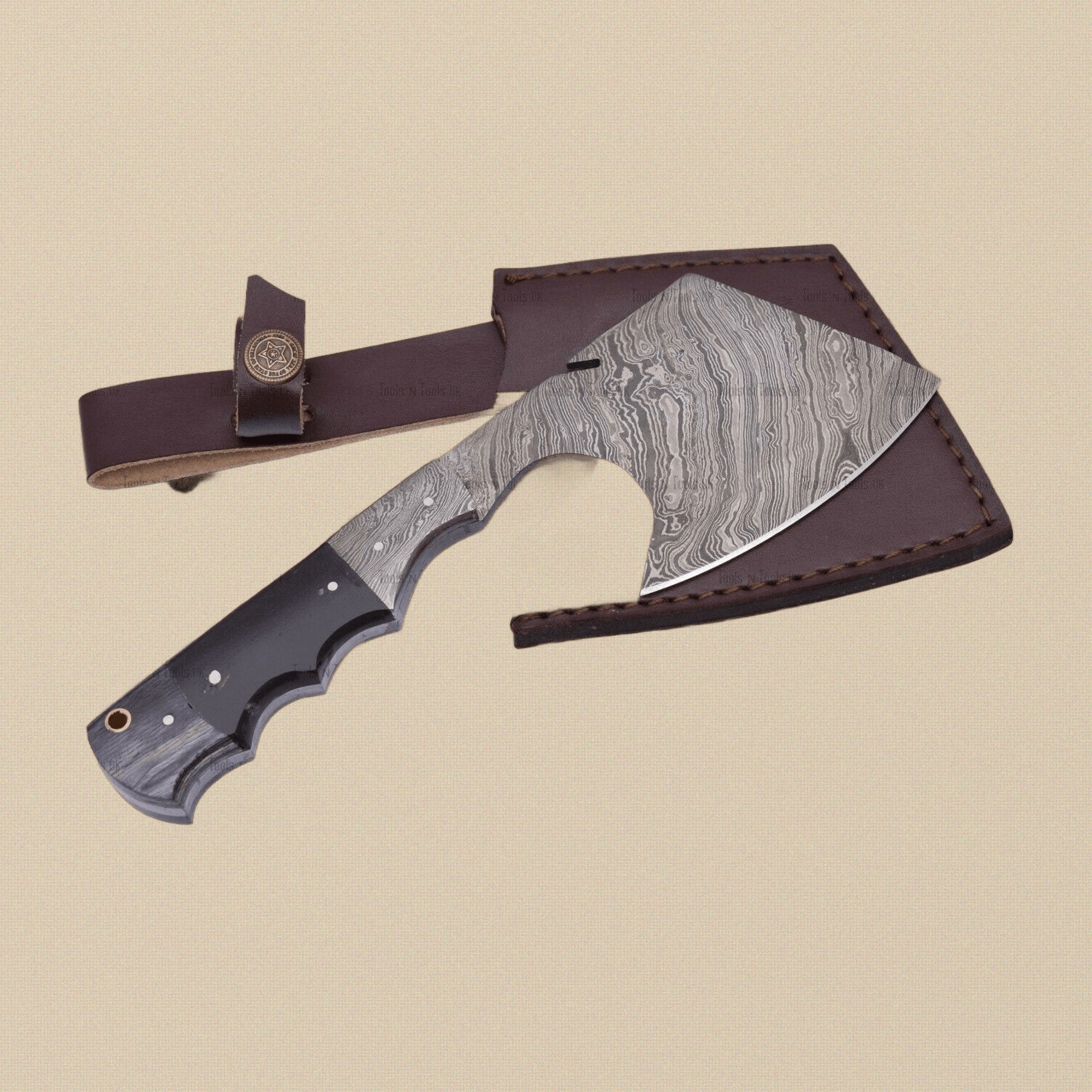 Hand-Forged Damascus Steel Axe, 21.7 cm, with Wood Handle and Leather Sheath | Axes | Toolsmith Ltd UK