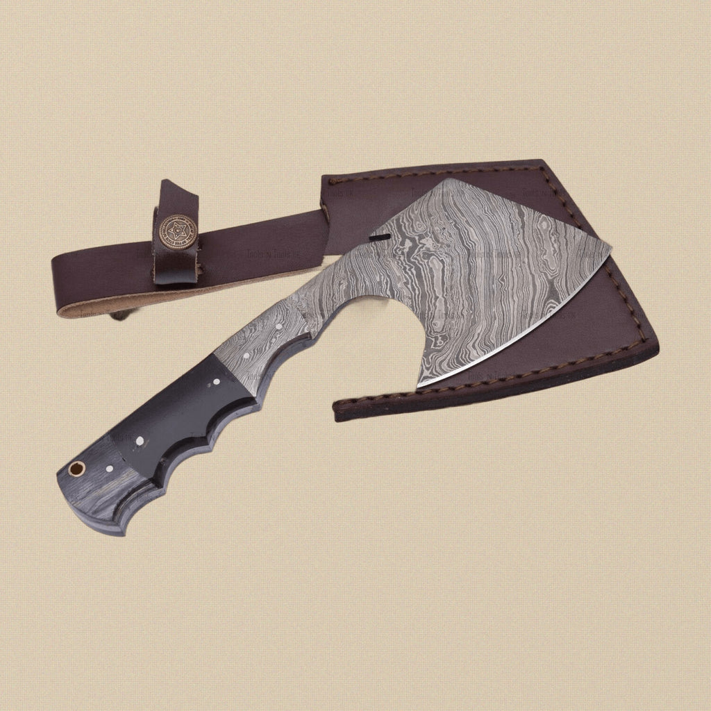 Hand-Forged Damascus Steel Axe, 21.7 cm, with Wood Handle and Leather Sheath | Axes | Toolsmith Ltd UK