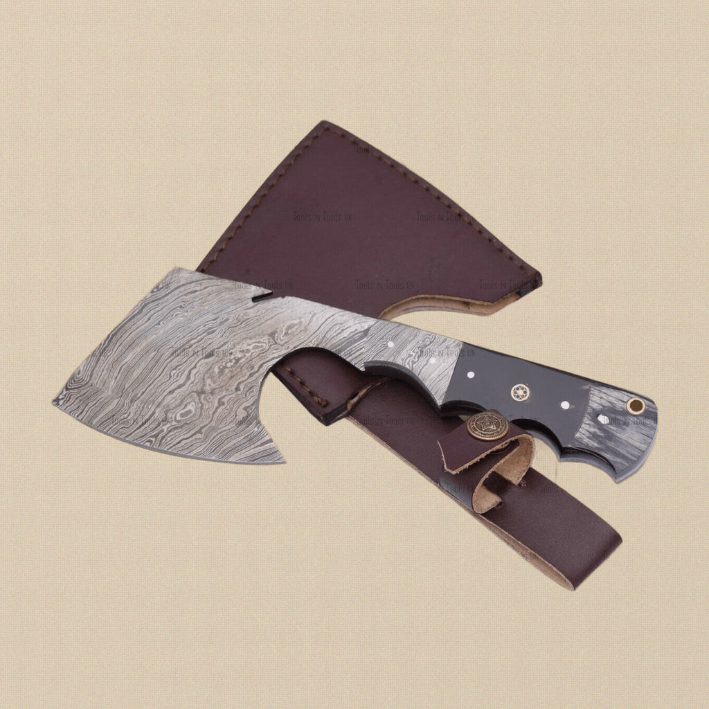 Hand-Forged Damascus Steel Axe, 21.7 cm, with Wood Handle and Leather Sheath | Axes | Toolsmith Ltd UK